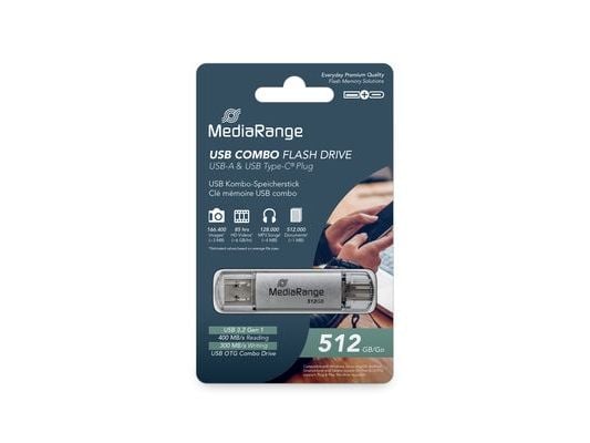 MediaRange MR940-1, 512 GB, USB Type-A / USB Type-C, 3.2 Gen 1 (3.1 Gen 1), 400 MB/s, Med lokk, Sølv