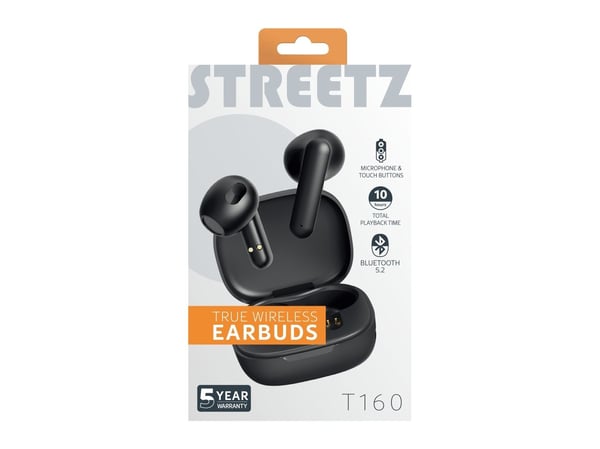 Streetz T160 TWS earphones, black, Trådløs, 20 - 20000 Hz, Samtaler/musikk, 37 g, Hodesett, Svart