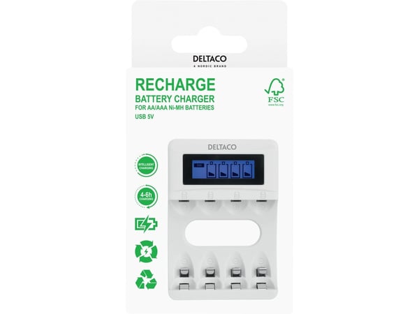 DELTACO - Batterilader - (for 4xAA/AAA) - hvit