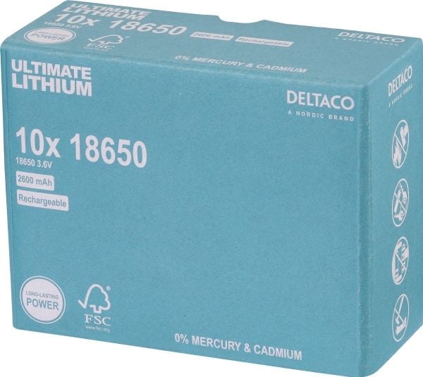 DELTACO Ultimate - Batteri 10 x 18650 - Li - 2600 mAh - blå