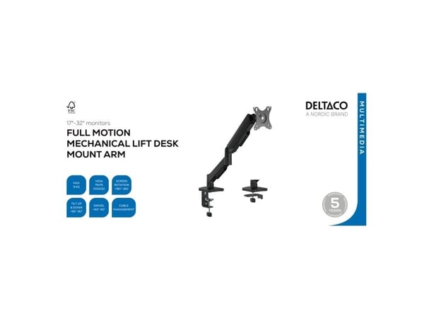 DELTACO - Monteringssett (skrivebordsmontering) - justerbar arm - for LCD-skjerm - svart - skjermstørrelse: 17"-32"