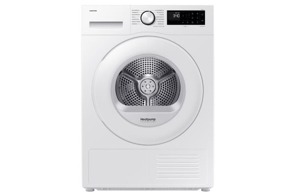 Samsung DV90DG52A0TE, Vapaasti seisova, Edestä täytettävä, Lämpöpumppu, Valkoinen, Painikkeet, Rotaatio, Lasiovi
