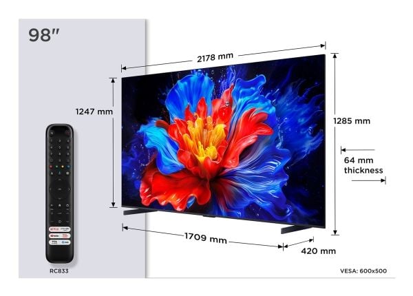 TCL P89K 98P89K, 2,49 m (98"), 3840 x 2160 piksler, QLED, Smart TV, Wi-Fi, Metallisk