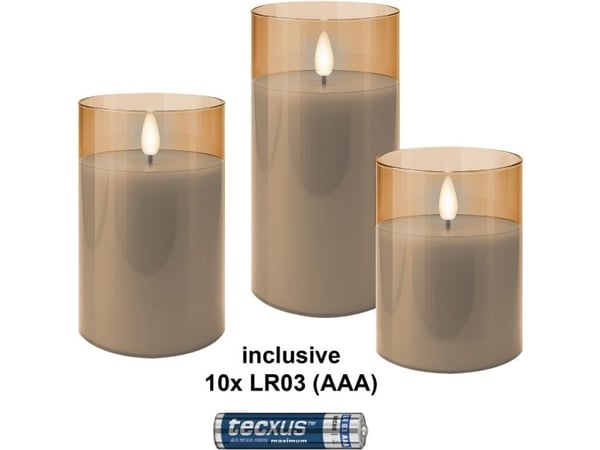 Sett med 3 LED-lys i voks i glass, gull-transparent, inkl. 10x AAA (LR03)
