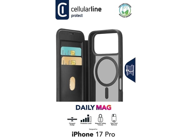 Cellularline Daily Mag, Folio, Apple, iPhone 17 Pro, 16 cm (6.3"), Svart