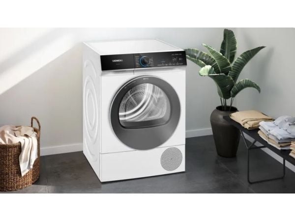Siemens iQ700 WQ46B2D41, Frittstående, Frontmatet, Varme pumpe, Hvit, Rotasjon, Berøringskontroll, Venstre