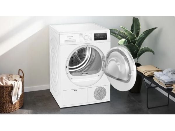 Siemens iQ300 WT43H004, Frittstående, Frontmatet, Kondensasjon, Hvit, Rotasjon, Berøringskontroll, Riktig/Høyre