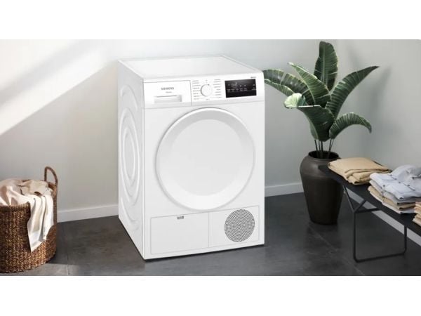 Siemens iQ300 WT43H004, Frittstående, Frontmatet, Kondensasjon, Hvit, Rotasjon, Berøringskontroll, Riktig/Høyre