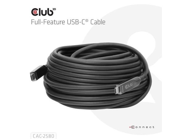 Club 3D - USB-kabel - USB-C (hann) til USB-C (hann) - 15 m - up to 60W power delivery support, toretnings, 8K 60Hz støtte, 4K 120 Hz støtte