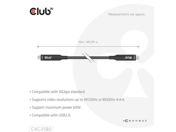 Club 3D - USB-kabel - USB-C (hann) til USB-C (hann) - 15 m - up to 60W power delivery support, toretnings, 8K 60Hz støtte, 4K 120 Hz støtte