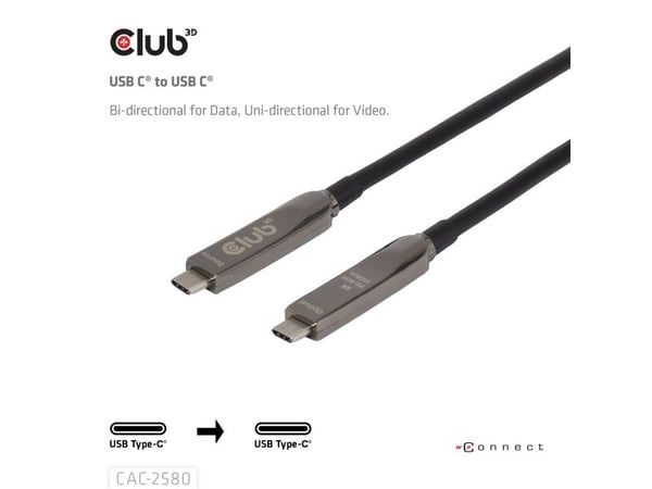 Club 3D - USB-kabel - USB-C (hann) til USB-C (hann) - 15 m - up to 60W power delivery support, toretnings, 8K 60Hz støtte, 4K 120 Hz støtte