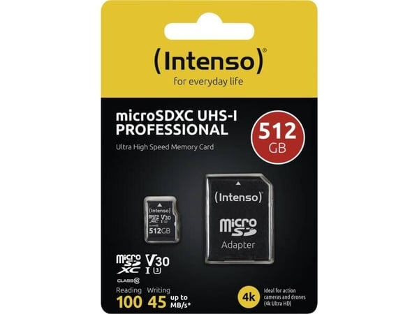 Intenso 3433493, 512 GB, MicroSDXC, Klasse 10, UHS-I, 100 MB/s, 45 MB/s