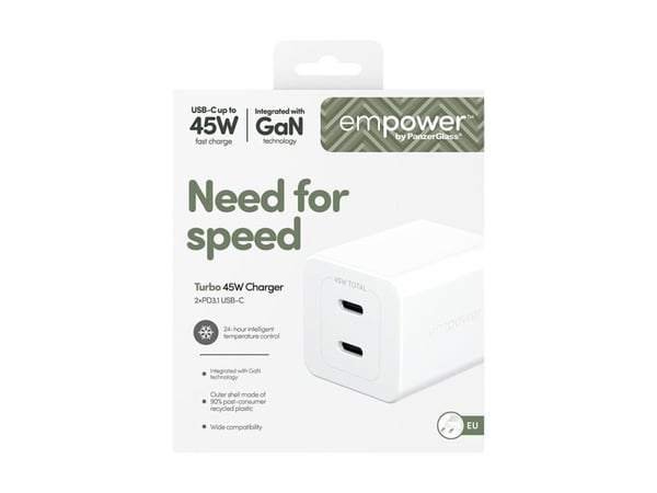 empower by PanzerGlass - Strømadapter - 45 watt - Power Delivery 3.1 - 2 utgangskontakter (USB-C) - sølvhvit