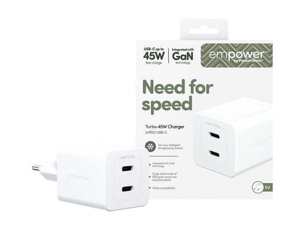 empower by PanzerGlass - Strømadapter - 45 watt - Power Delivery 3.1 - 2 utgangskontakter (USB-C) - sølvhvit