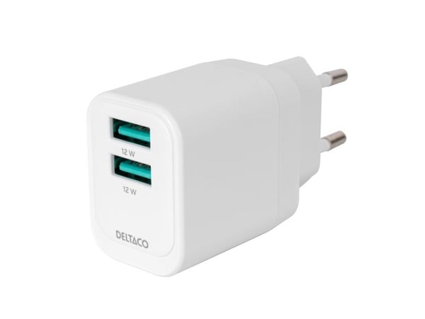 DELTACO - Strømadapter - 12 watt - 2 utgangskontakter (USB) - hvit