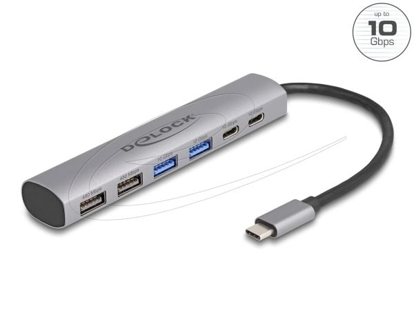 Delock 6 portin USB-keskitin, jossa on 4 x USB Type-A-liitäntä ja 2 x USB Type-C-liitäntä