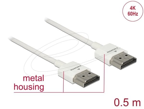Delock High Speed HDMI with Ethernet - HDMI-kabel med Ethernet - HDMI hann til HDMI hann - 50 cm - trippel beskyttelse - hvit - 4K-støtte