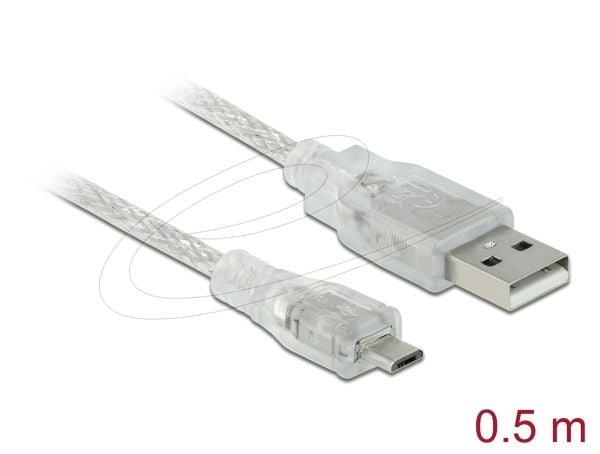 Delock - USB-kabel - Micro-USB type B (hann) til USB (hann) - USB 2.0 - 50 cm - gjennomsiktig