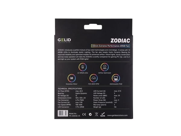 Gelid Solutions FN-ZODIAC-01, Tuuletin, 12 cm, 700 RPM, 1600 RPM, 35 dB, 65,5 cfm