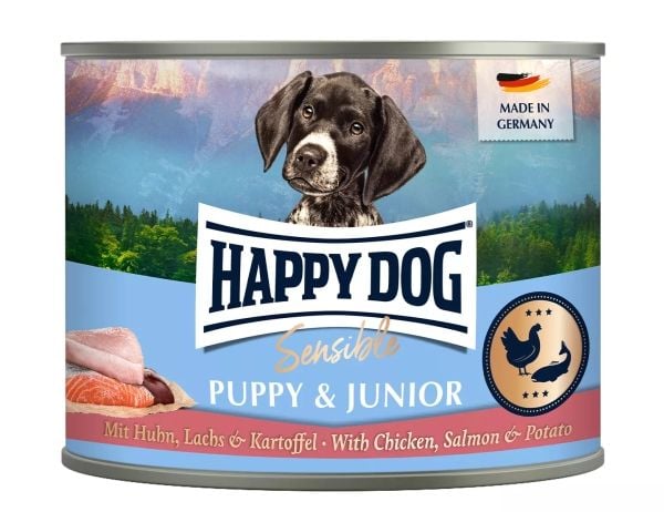 Sensible Puppy & Junior våtfoder till hund - kyckling, lax och potatis 200 g, burk