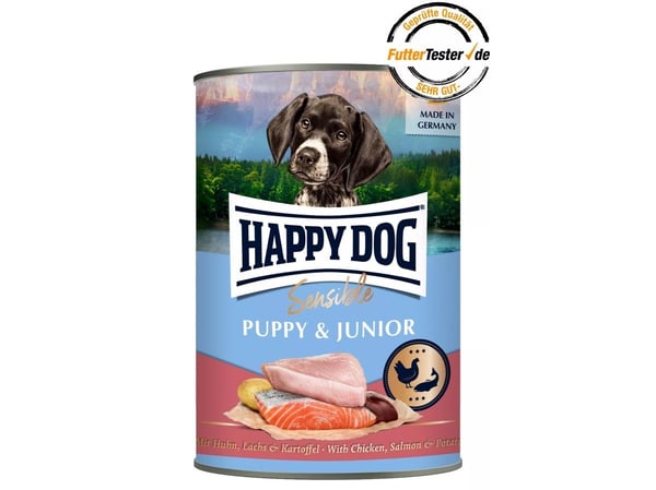 Sensible Puppy&Junior, våtfoder, kyckling, lax och potatis, 400 g, burk
