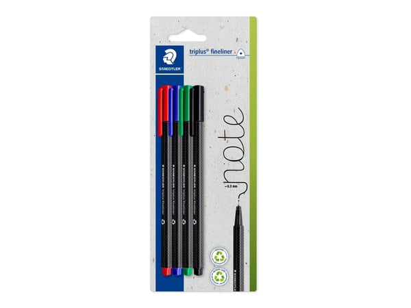 Staedtler 334-S BK4, Svart, Blå, Grønn, Rød, Ultrafin, Svart, Blå, Grønn, Rød, Resirkulert plast, Rund, 0,3 mm