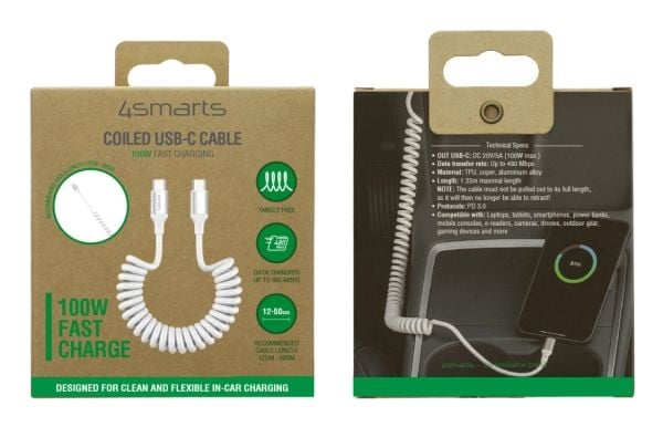4smarts USB-C spiralkabel 100W hvit (4S541600)