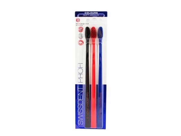 Swissdent Profi Colours myk-medium tannbørster 3 stk Svart, Rød, Blå