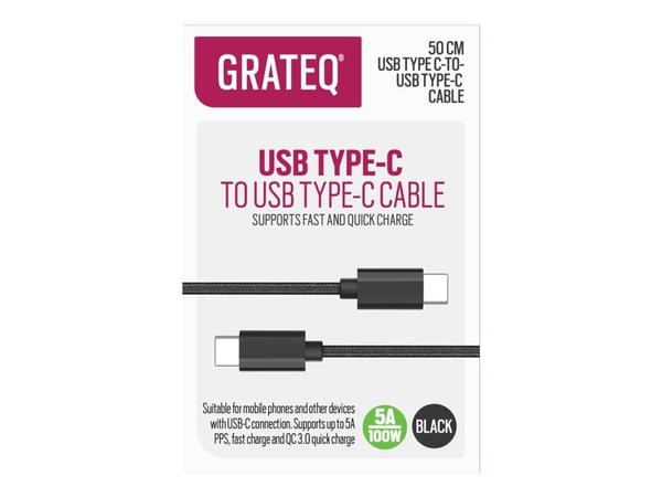 GRATEQ - USB-kabel - USB-C (hann) til USB-C (hann) - AC 100-240 V - 5 A - 50 cm - USB Power Delivery (100 W) - svart