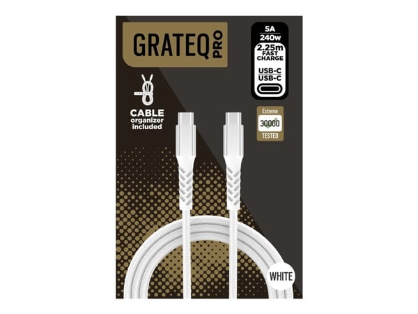 GRATEQ PRO - USB-kabel - 24 pin USB-C (hann) til 24 pin USB-C (hann) - 5 A - 2.25 m - USB Power Delivery (240 W) - hvit