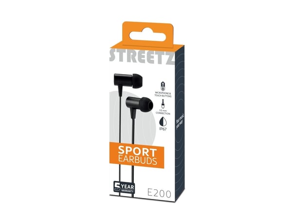Streetz E200 Waterproof in-ear earbudsbutton 3.5 mm IP67, Koblet med ledninger (ikke trådløs), Samtaler/musikk, 20 - 20000 Hz, 15 g, Hodesett, Svart