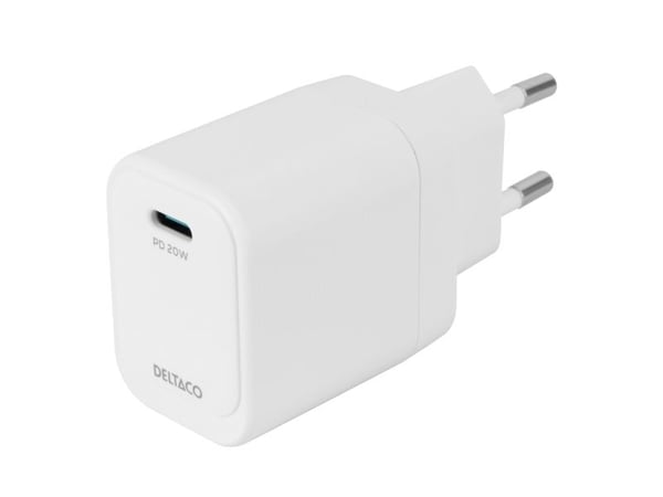 USB-C seinälaturi DELTACO, 1x USB-C PD, 20 W, valkoinen / USBC-AC152 / 1903151