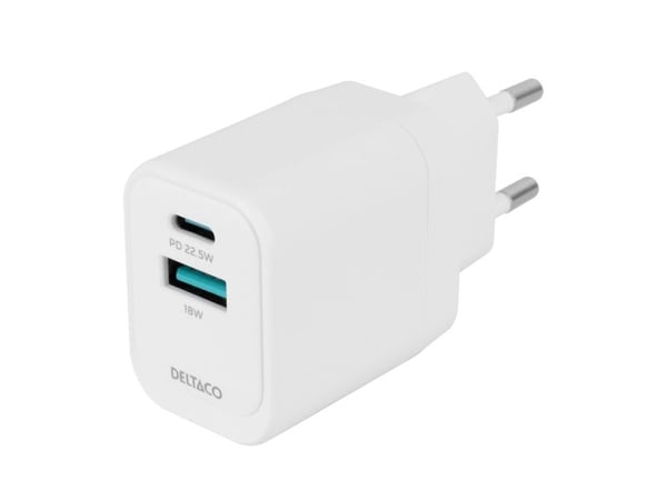 USB-seinälaturi DELTACO, 1x USB-A 18 W, 1x USB-C PD 20 W, valkoinen/ USBC-AC154 / 1903153