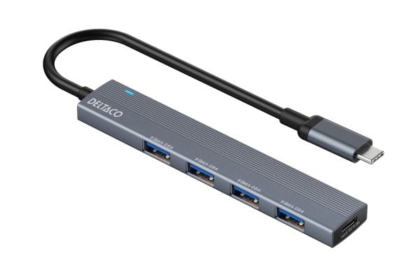 USB-C-keskitin DELTACO, 5 Gbps, 4x USB-A-paikka, alumiini, harmaa / USBC-HUB206 / 1903173