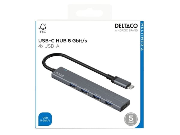 USB-C-keskitin DELTACO, 5 Gbps, 4x USB-A-paikka, alumiini, harmaa / USBC-HUB206 / 1903173