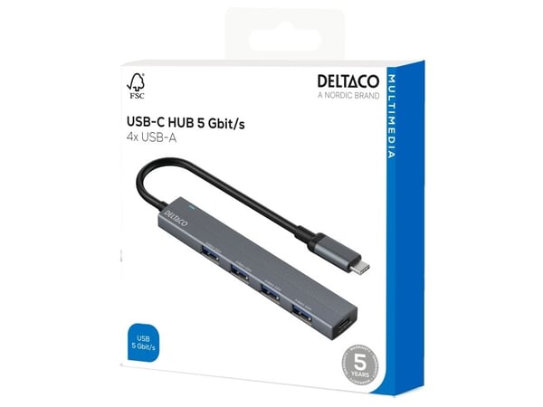 USB-C-keskitin DELTACO, 5 Gbps, 4x USB-A-paikka, alumiini, harmaa / USBC-HUB206 / 1903173