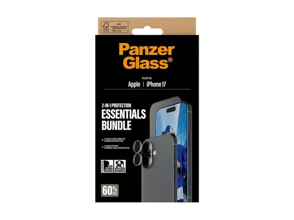 PanzerGlass - 2-in-1 Essentials Bundle - skjerm- / linsebeskytterkit for mobiltelefon - glass - rammefarge svart - for Apple iPhone 17