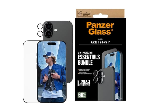 PanzerGlass - 2-in-1 Essentials Bundle - skjerm- / linsebeskytterkit for mobiltelefon - glass - rammefarge svart - for Apple iPhone 17