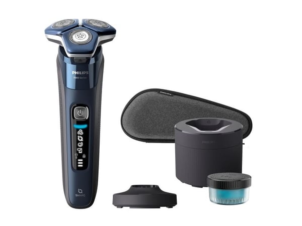 Philips SHAVER Series 7000 S7885/55 Elektrisk våt- og tørrbarbermaskin, roterende barbermaskin, svart, blå, stålPresisjonsblad, knapper, LED, Groom...