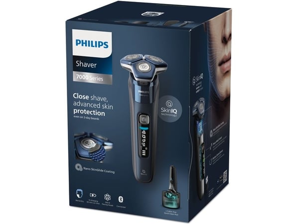 Philips SHAVER Series 7000 S7885/55 Elektrisk våt- og tørrbarbermaskin, roterende barbermaskin, svart, blå, stålPresisjonsblad, knapper, LED, Groom...