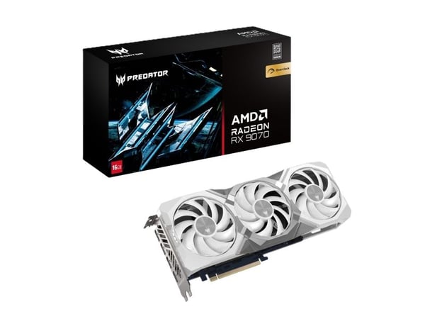 Acer Predator BiFrost Radeon RX 9070 OC 16 GB hvit utgave, Radeon RX 9070, 16 GB, GDDR6, 256 bit, 7680 x 4320 piksler, PCI Express x16 5.0