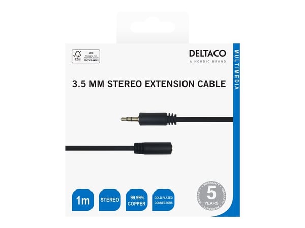 DELTACO - Lydforlengelseskabel - 3,5 mm stereo hann til 3,5 mm stereo hunn - 1 m - svart