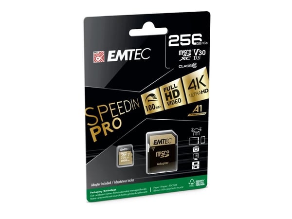 EMTEC SpeedIN' PRO - Flash-minneskort (microSDHC till SD-adapter ingår) - 256 GB - A1 / Video Class V30 / UHS-III U3 / Class10 - microSDXC UHS-I