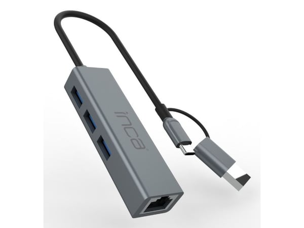 Inca IUTP-03TX, USB 3.2 Gen 1 (3.1 Gen 1) Type-A + Type-C, RJ-45, USB 3.0, 10000 Mbit/s, Grå, Gjuten aluminium, Rund kabel