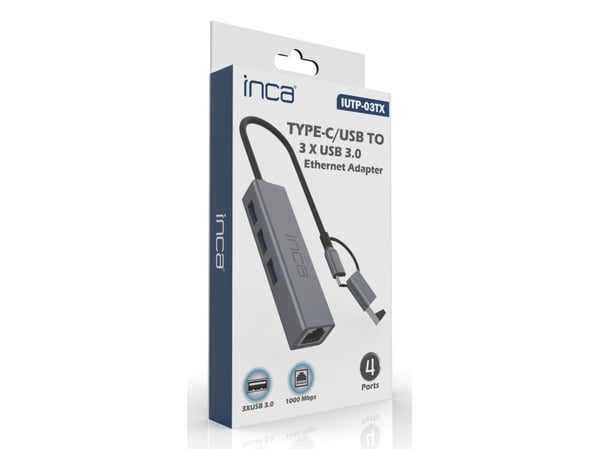 Inca IUTP-03TX, USB 3.2 Gen 1 (3.1 Gen 1) Type-A + Type-C, RJ-45, USB 3.0, 10000 Mbit/s, Grå, Aluminium, Rund kabel