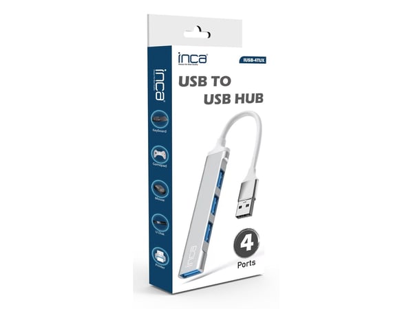 Inca IUSB-4TUX, USB 2.0 Type-A, USB 2.0 Type-A, USB 3.0, 5000 Mbit/s, Sølv, Hvit, Aluminium, Rund kabel