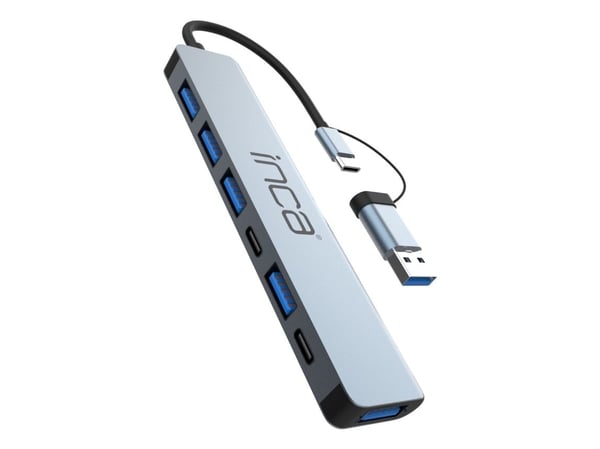 Inca IUTP-7T, USB 3.2 Gen 1 (3.1 Gen 1) Type-A + Type-C, USB 2.0 Type-A, USB 3.0, USB Type-C, 5000 Mbit/s, Grå, Gjuten aluminium, 100 W