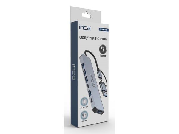 Inca IUTP-7T, USB 3.2 Gen 1 (3.1 Gen 1) Type-A + Type-C, USB 2.0 Type-A, USB 3.0, USB Type-C, 5000 Mbit/s, harmaa, alumiini, 100 W