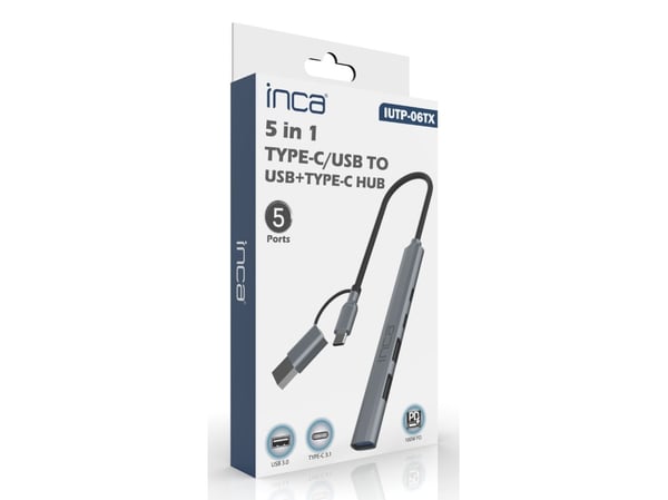 Inca IUTP-06TX, USB 3.2 Gen 1 (3.1 Gen 1) Type-A + Type-C, USB 2.0 Type-A, USB 3.0, USB Type-C, 5000 Mbit/s, Grå, Aluminium, 100 W