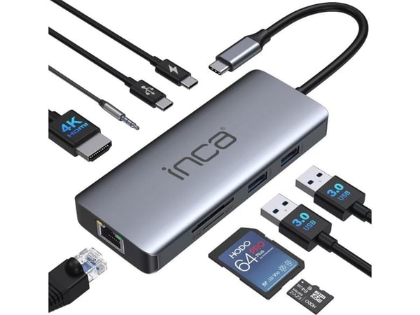 Inca ITPC-10TX, USB Type-C, 3.5mm, HDMI, RJ-45, USB 3.0, USB Type-C, MicroSD (TransFlash), SD, 5000 Mbit/s, 60 Hz, 2160p